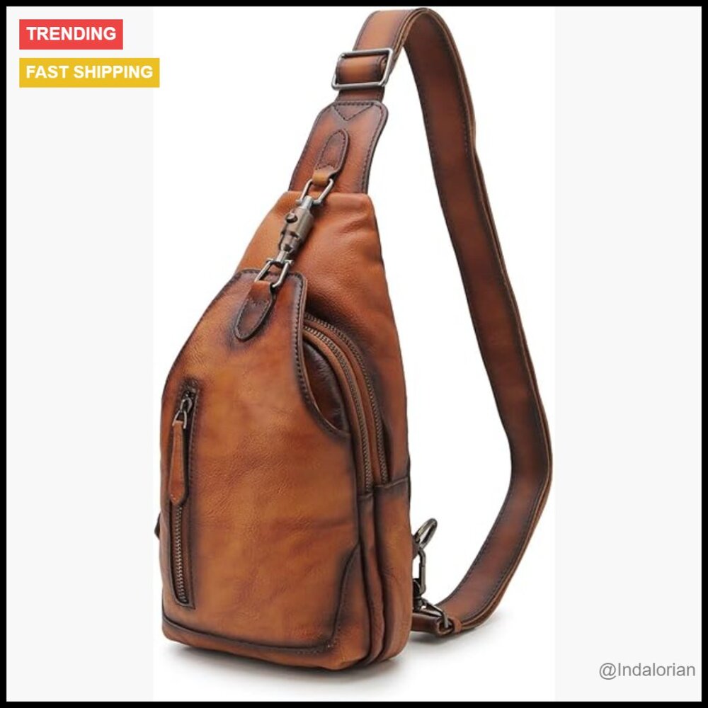 Genuine Leather Sling Backpack Crossbody Chest Bag Vintage Daypack Adjustable